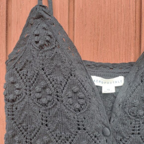 AEROPOSTALE | Black Crochet Spaghetti Strap Button Up Crop Knit Boho Cami Top XS - Picture 5 of 10